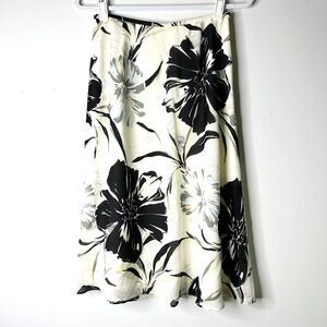 TALBOTS Skirt Women 6P Cream Black Floral 100% Silk Midi Flowy Lined NWOT